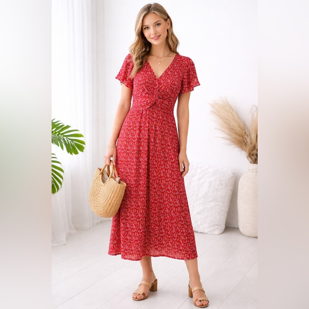 ISAAC MIZRAHI Women's Red Floral Knot Front Midi Dress - Short Sleeve/size S